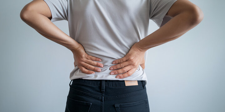 A person standing with their back to the camera, holding their lower back, experiencing pain, representing discomfort, and possibly dealing with back problems or stress.