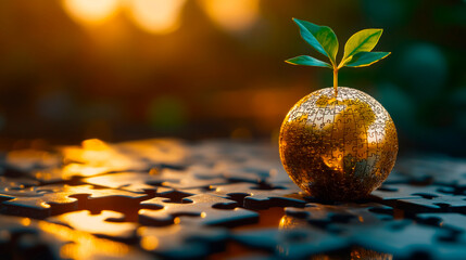 Global growth symbolized by a golden earth and sprout resting on a black puzzle background radiating warm light, highlighting the theme of development and sustainability