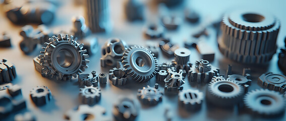 Precision Metal Gears: Close-up view of intricately detailed metal gears scattered on a surface, showcasing precision engineering and mechanical complexity.