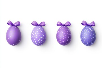 Colorful Easter Eggs with Ribbons and Flowers in Purple and Blue on White Background &ndash; Spring Holiday Decorations
