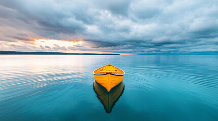 Golden Rowboat Reflecting Calm Water Surface at Dusk Under Stormy Cloudy Sky Scenery Serenity