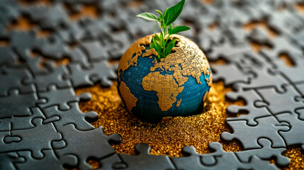 Symbolizing growth, adventure, and exploration in global business through a golden puzzle piece with a globe and vibrant plant amidst trade routes