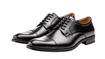 Black Leather Oxford Shoes Polished Formal Footwear, Modern Attire for Groom or Dress Styles, isolated on transparent background.