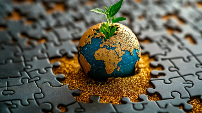Symbolizing growth, adventure, and exploration in global business through a golden puzzle piece with a globe and vibrant plant amidst trade routes