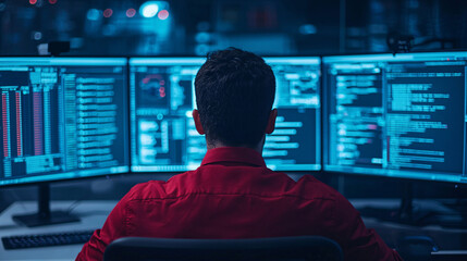 Man Monitoring Multiple Computer Screens with Code and Data Displays in Dark Room Environment