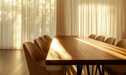 Elegant dining area with a large wooden table, beige chairs, and minimalist lighting, sunlight filtering through sheer curtains, clean modern design, warm neutral ambiance