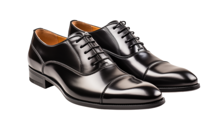 Men�s Black Leather Oxford Shoes Polished Formal Footwear, Modern Luxury Design, isolated on transparent background.
