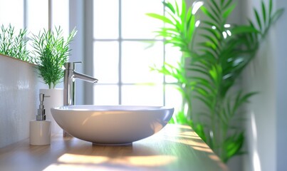 Fototapeta premium Bright modern bathroom interior with a sleek white sink, polished chrome faucet, and subtle green plant accents on a wooden countertop, evoking a clean, refreshing ambianc