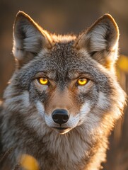 Fototapeta premium Beautiful close up of a wild coyote showing striking golden eyes in a natural habitat during golden hour. Generative AI