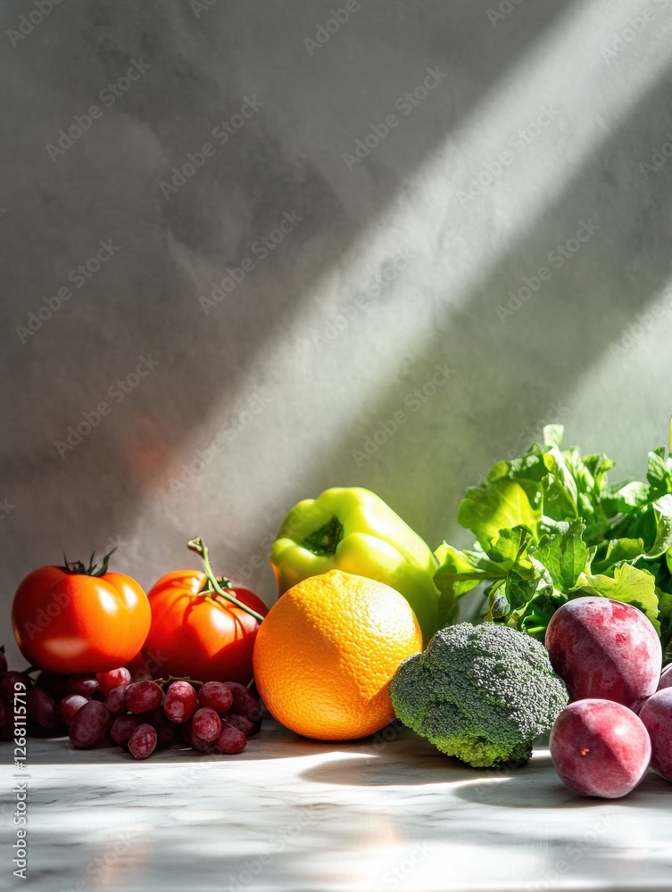 Poster fresh vegetables and fruits arranged on a marble surface with natural light illuminating their vibra