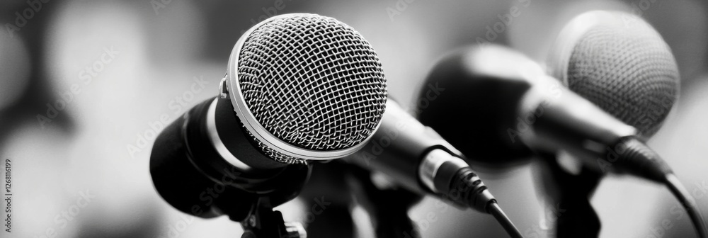 Leinwandbilder multiple microphones arranged for a press conference or public speaking event in subtle black and wh