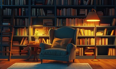 Calm library corner with stacked books, a cozy armchair, and warm lighting creating an inviting reading atmosphere.
