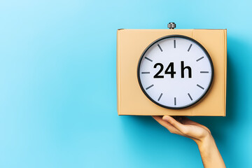 24-Hour Delivery: A hand gently holds a cardboard box with a clock displaying "24h," symbolizing speedy and reliable shipping services.  Against a vibrant blue background.