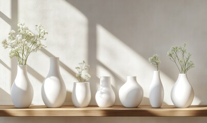 Minimalist product display of white ceramic vases, arranged neatly on a wooden shelf under soft natural light.