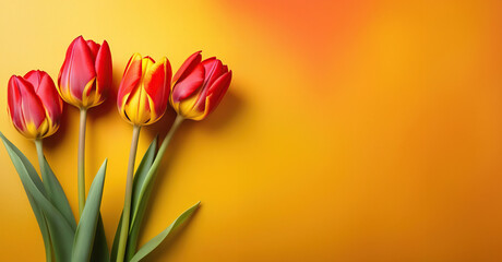 Bouquet of red-yellow tulips isolated on yellow background. Space for text. Banner
