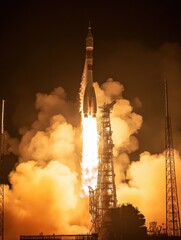 Rocket launches into night sky from launch pad, creating a spectacular display of light and fire. Generative AI