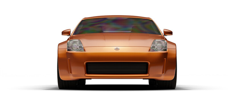A 3D-rendered image of an orange Nissan 350Z sports car, showcasing its full front view against a transparent background, highlighting its sleek and aggressive design.