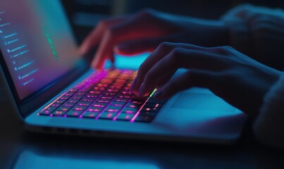 Close-up of hands typing on a modern laptop, glowing screen and soft background blur emphasizing a work-from-home setu