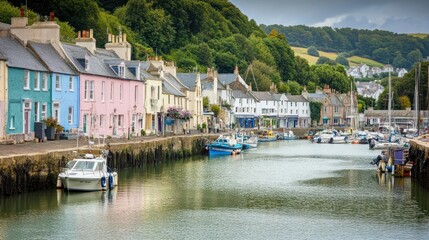 Colorful Houses Line Picturesque Harbor Boats Docked