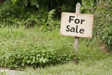 A simple wooden &ldquo;For Sale&rdquo; sign stands in a lush, overgrown grassy area, indicating land available for purchase.