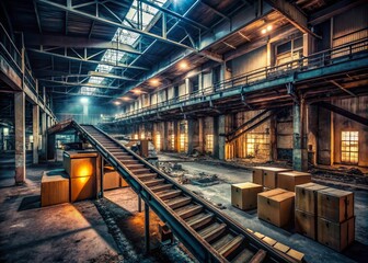 Obraz premium Abandoned Distribution Center: Conveyor Belts & Packages - Urban Exploration Photography