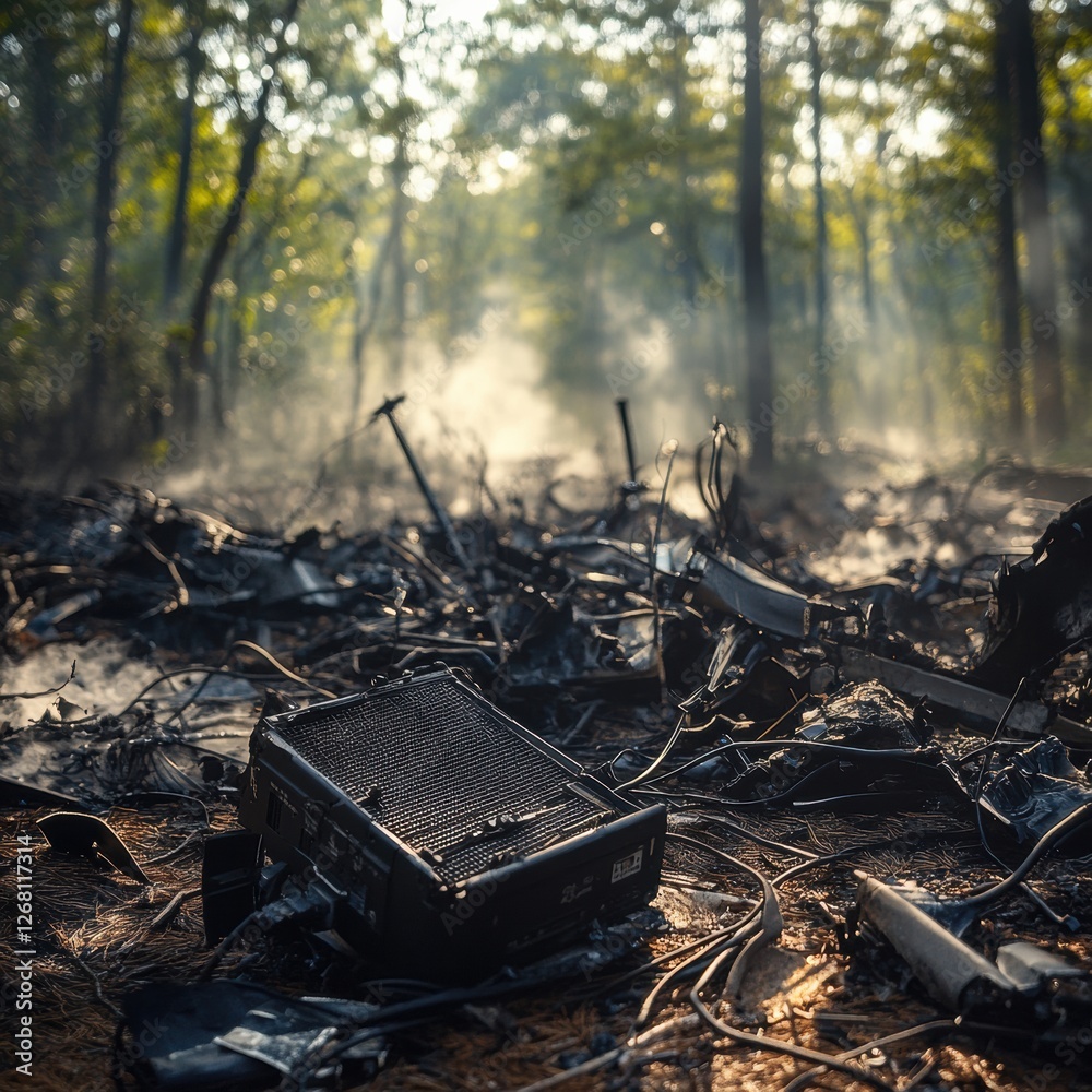 Poster black box recorder among scattered airplane parts in a forest environment after an aircraft incident