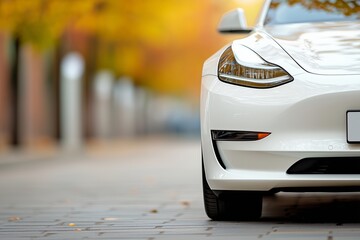 Fototapeta premium A sleek white electric car parked on a paved street with autumn foliage in the background.