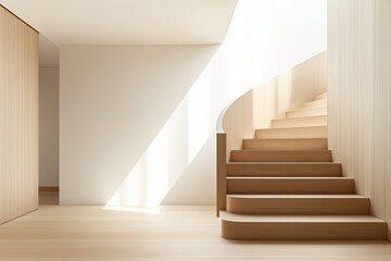 Obraz premium A beautifully designed minimalist wooden staircase bathed in soft natural light.