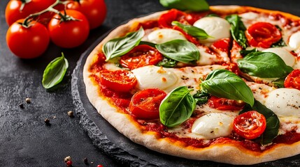 Delicious margherita pizza with fresh mozzarella, basil, and cherry tomatoes. A culinary delight!