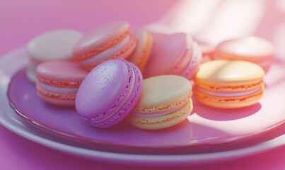 Obraz premium Close-up of colorful macarons neatly arranged on a pastel plate, soft natural light enhancing the vibrant tones and delicate textures, sweet and cheerful vibe