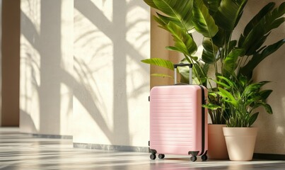 Stylish Pink Luggage with Potted Plants in Modern Space