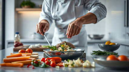  Chef preparing and seasoning a vegetable dish in a modern kitchen, culinary arts
