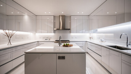 Ultramodern and elegant kitchen, finished entirely in glossy white. Smooth and minimalist cabinets, without visible handles, reflecting light impeccably. Large polished white quartz countertop, with a