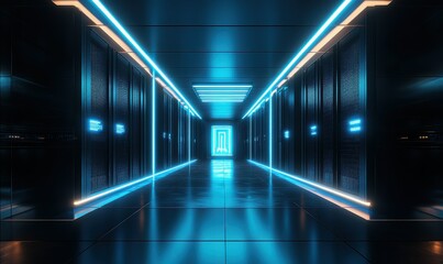 High-tech server room with glowing blue LED lights illuminating rows of sleek black servers in a futuristic setting.