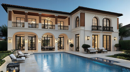Fototapeta premium Luxury Mediterranean home, pool, evening; real estate