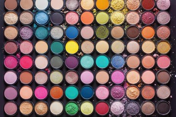 A flat lay of makeup products organized by color, creating a visually appealing background. --ar 3:2 