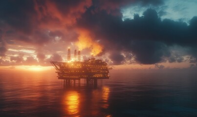 Fototapeta premium Industrial oil rig glowing against a dramatic ocean sunset, symbolizing power, resource extraction, and innovation.