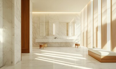 Fototapeta premium Elegant modern bathroom with white marble walls, wooden accents, and bright natural light streaming through large windows, minimalist and serene design, clean tones