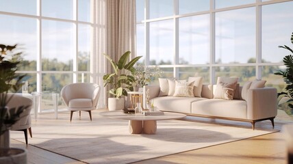 Fototapeta premium Spacious modern living room with panoramic windows, elegant furniture, cozy decor, and natural light creating a bright, inviting ambiance—perfect for interior design, real estate, or lifestyle concep