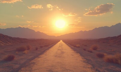 Naklejka premium Isolated desert road stretching into the horizon under a blazing sun, emphasizing solitude and freedom, vibrant and warm colors