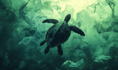 Turtle swimming through plastic bags in the ocean, a stark representation of marine pollution, Turtle and plastic, ocean pollution