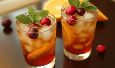 Two invigorating glasses of orange and cranberry iced tea, topped with mint.