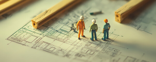Blueprint Collaboration: Miniature figurines of construction workers stand on architectural blueprints, symbolizing teamwork and planning in construction projects.