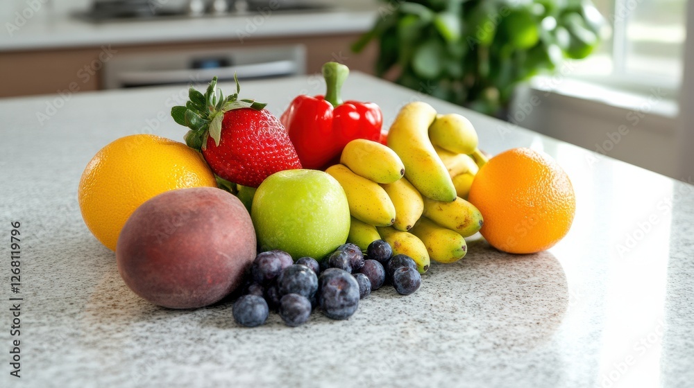 Poster colorful assortment of fresh fruits arranged on a kitchen countertop near a window during the day. g