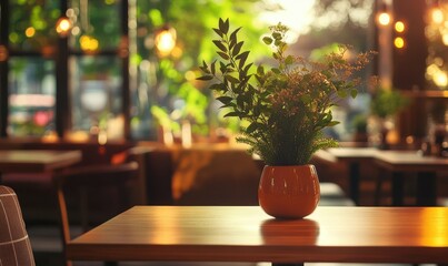 Elegant restaurant interior with warm lighting, sleek modern furniture, and potted plants, inviting atmosphere creating a cozy dining experience, vibrant warm tones