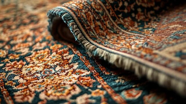 Intricate detail, colorful woven floor covering, artistry captured