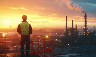 Fototapeta premium Engineer standing on a raised platform overlooking a vast industrial site, illuminated by the warm light of dawn.