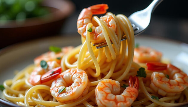 Un tenedor enrollando pasta de camarones al scampi, con jugosos camarones y hebras de linguine brill.ando con salsa de mantequilla y ajo.