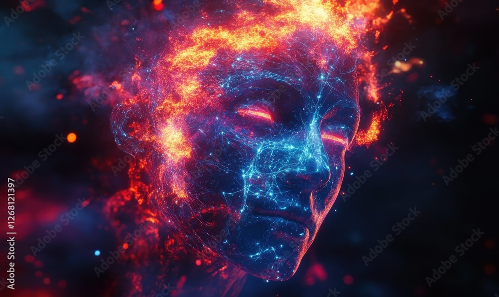 Poster abstract visualization of a glowing brain with vibrant neural connections, dynamic red and blue tone