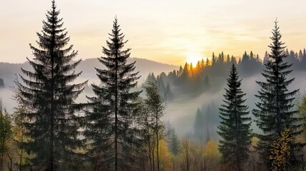 Serene sunrise over misty forests with silhouetted trees.